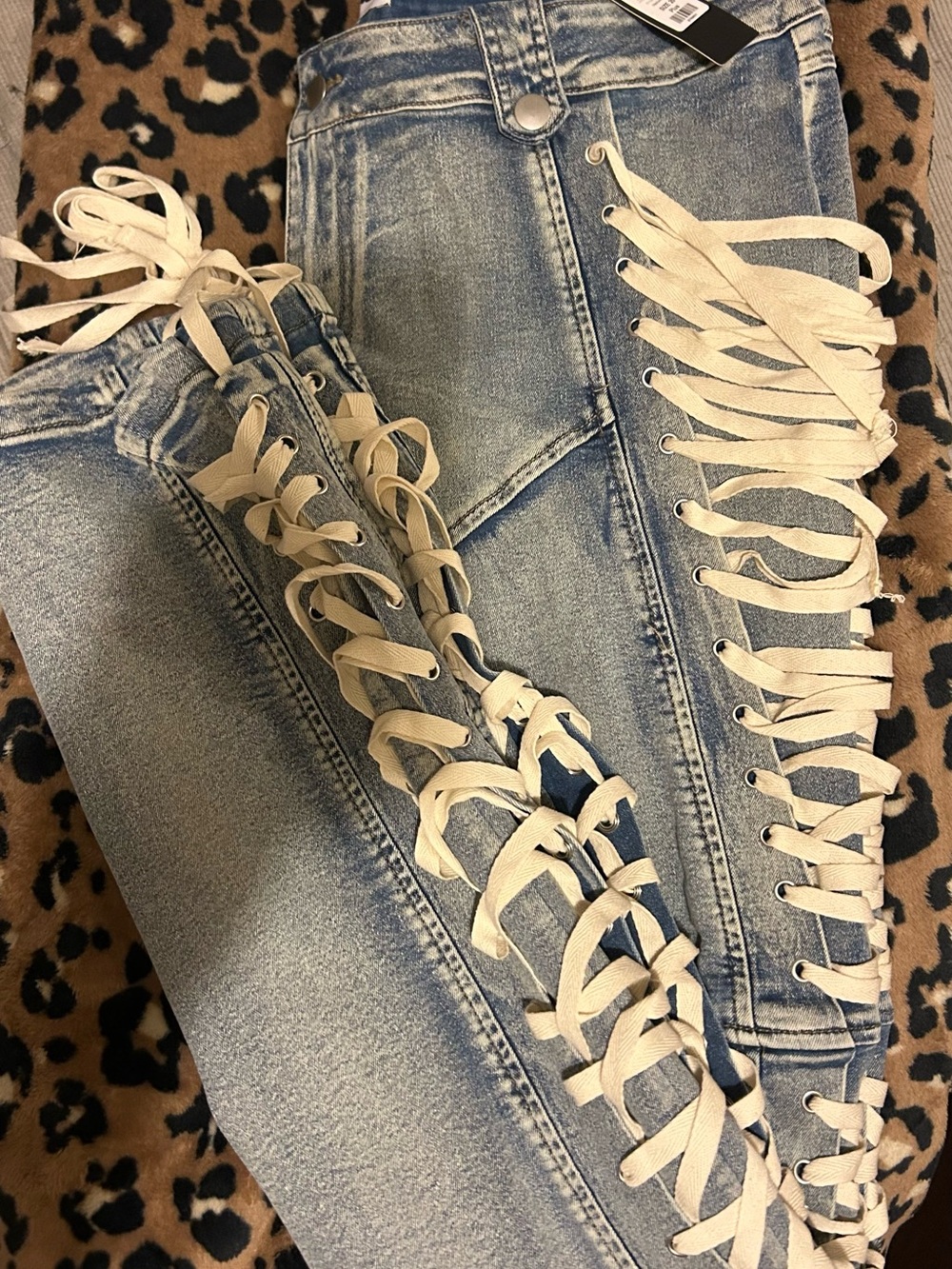 Fashion Nova Light Blue Lace-Up Skinny Jeans with Cream Laces